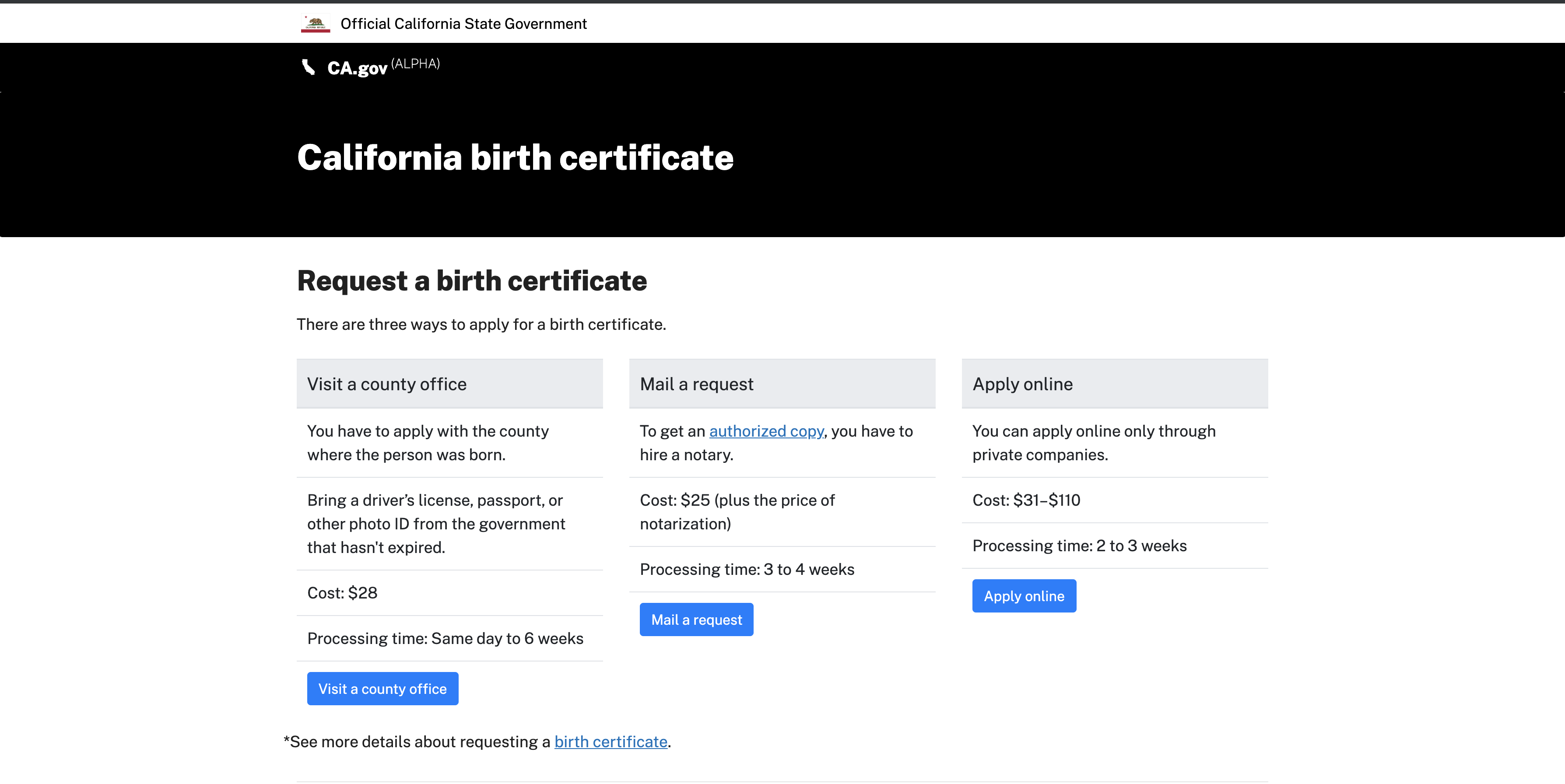 Screenshot of Alpha.CA.gov design prototype for “Request a birth certificate.”