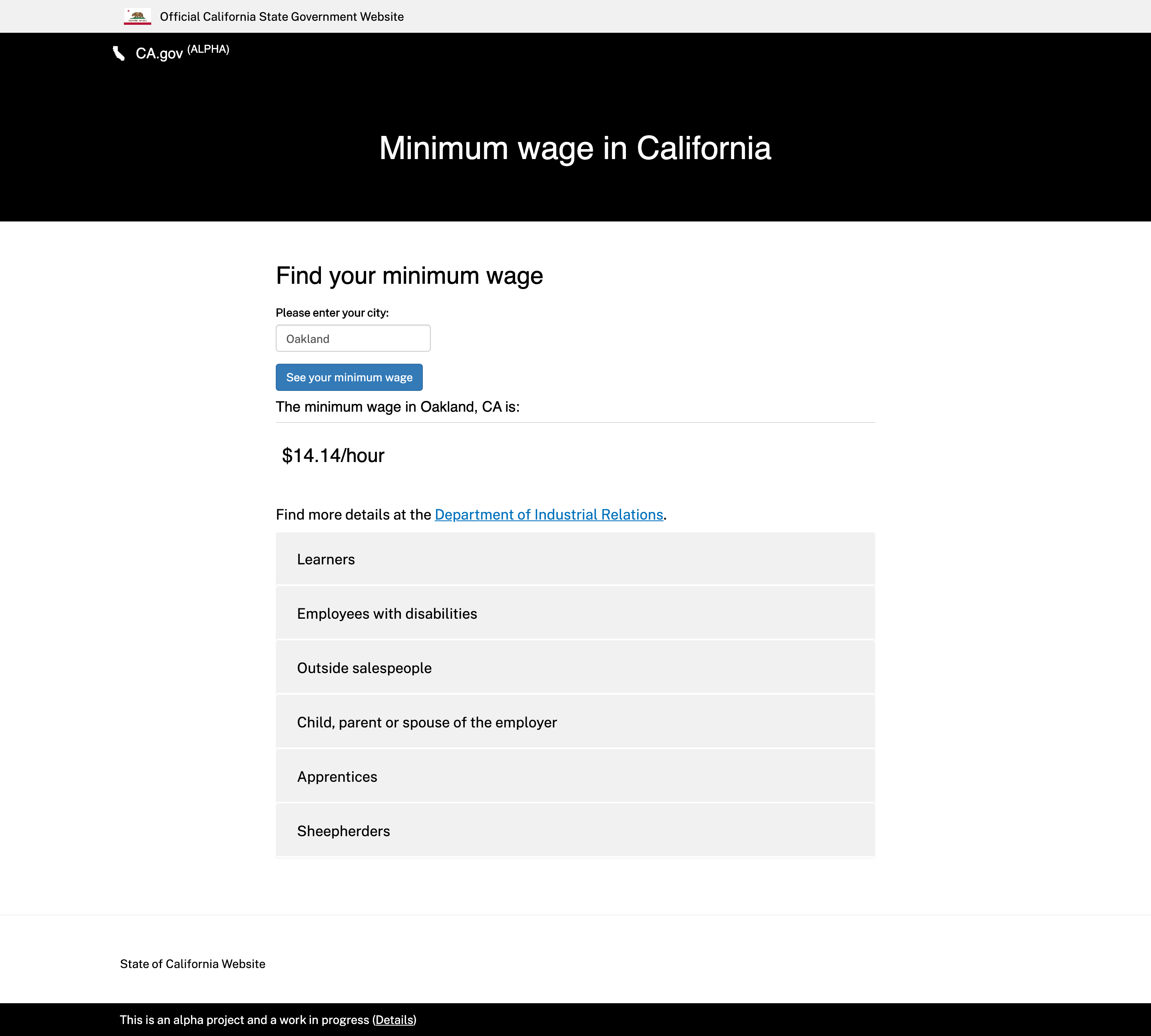 Screenshot of Alpha.CA.gov design prototype for “Find your minimum wage.”